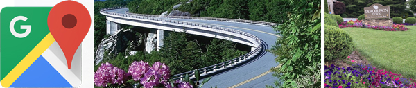 Google Maps logo, Blue Ridge Parkway viaduct, DEWOOLFSON Banner Elk store signage